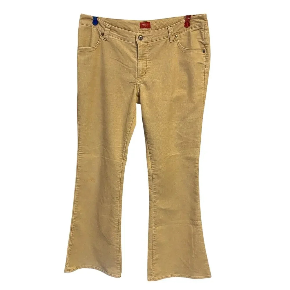 Y2K Wassimo Corduroy Beige Boho Pants Womens Size 15 Stretch Flare Leg Embellish